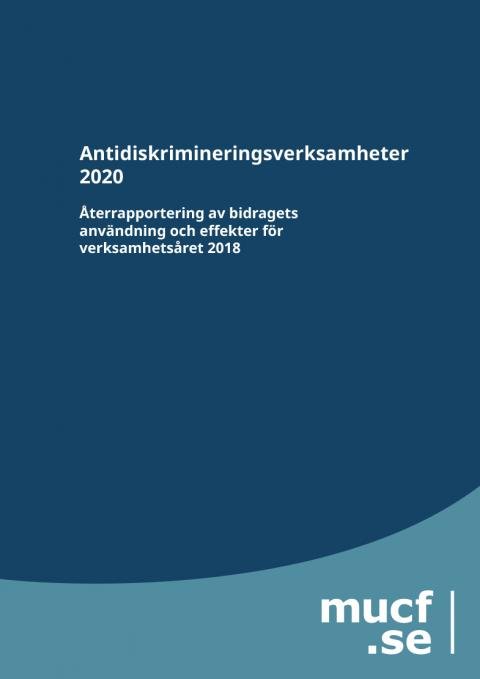 Framsida på Antidiskrimineringsverksamheter 2020. Titeln är mot blå bakgrund.