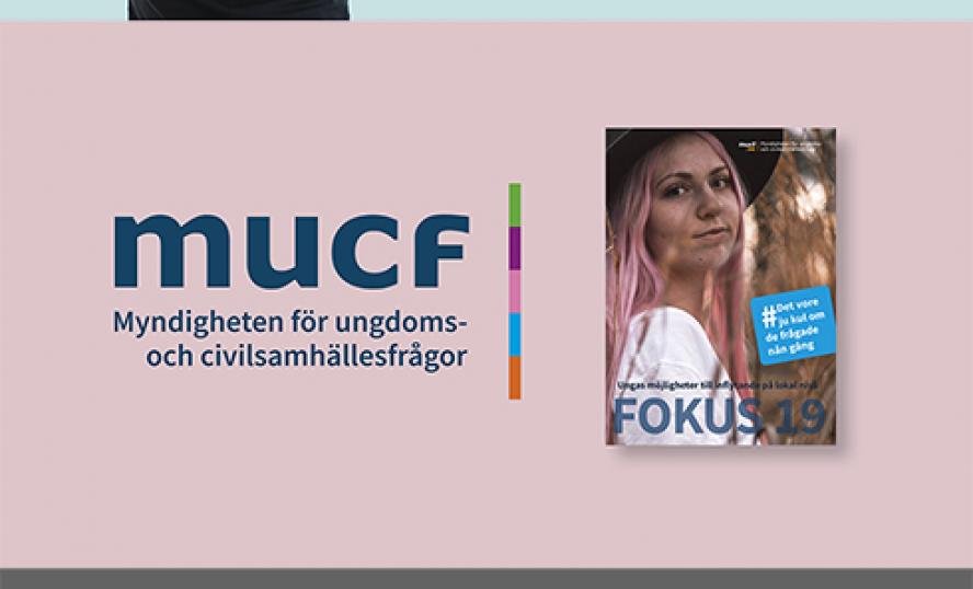 MUCF:s logga, bild på Lena Nyberg samt MUCF:s färgpalett.