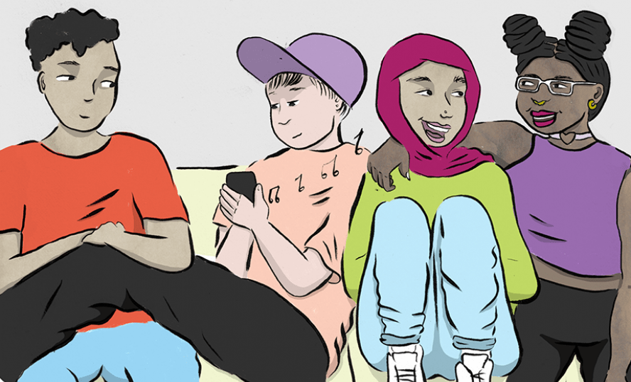 Illustration som föreställer fyra unga personer som sitter i en soffa