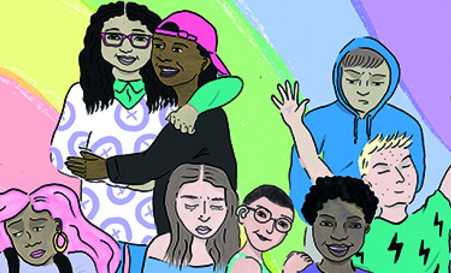 Illustration på unga personer, bakgrunden består av regnbågens färger.