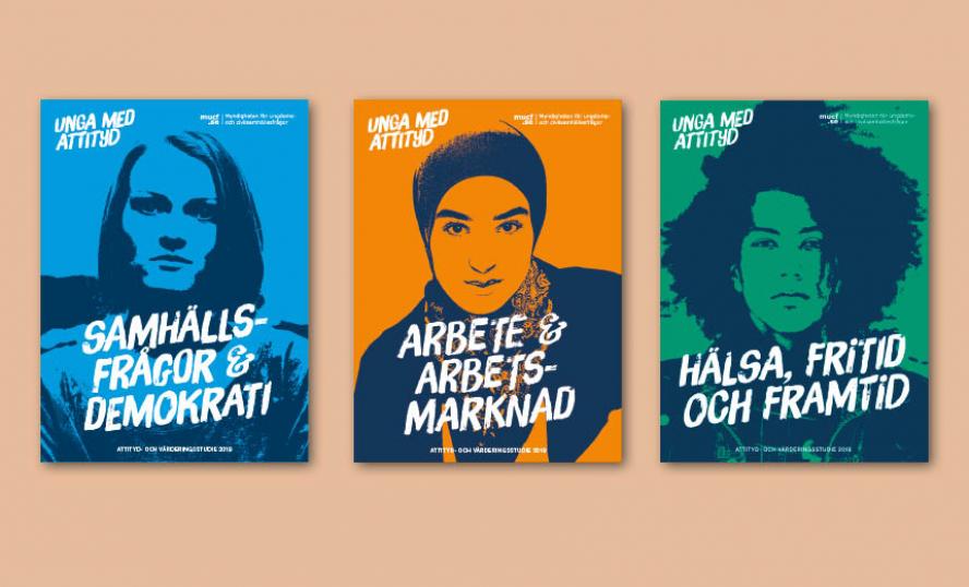 Bild på omslagen av de tre delarna i den senaste upplagan av Unga med attityd från 2019