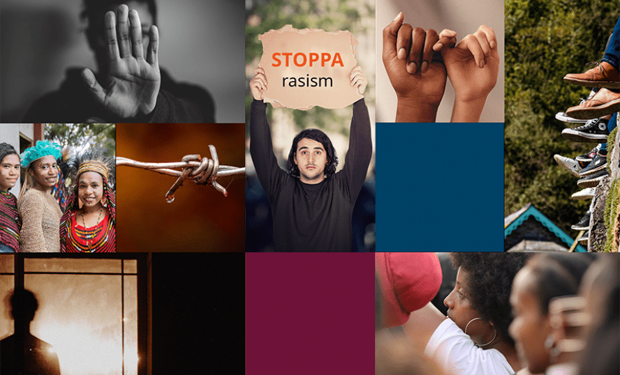 Collage av bilder relaterat till rasism och intolerans