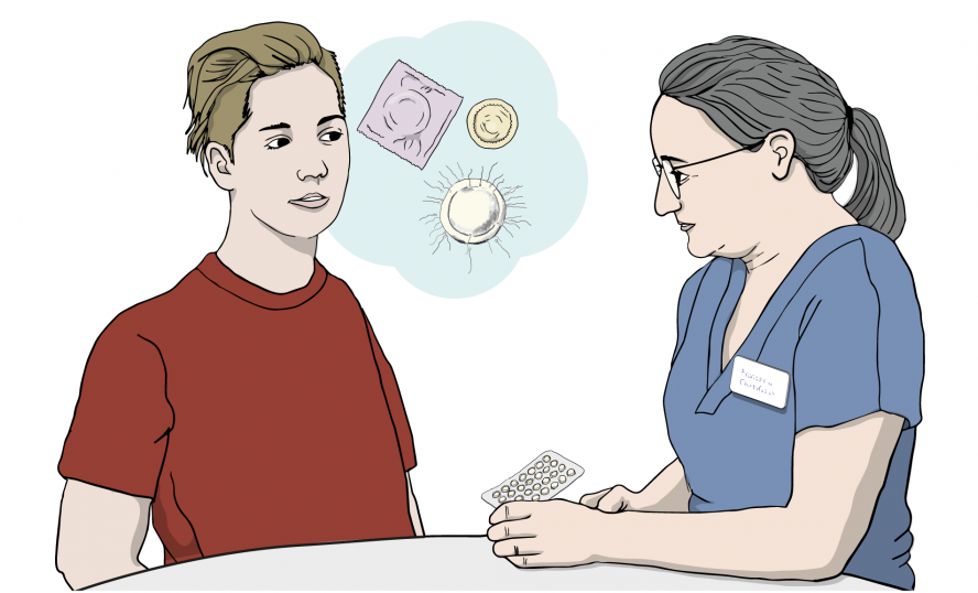 Illustration på en vuxen person som samtalar med en ung person om preventivmedel