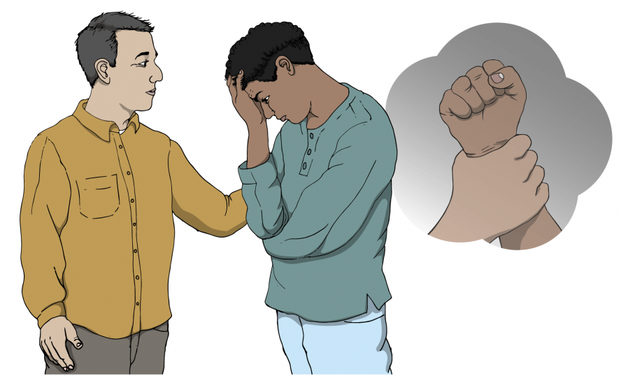 Illustration på en vuxen person som tröstar en ung och nedstämd person som upplevt trauma.