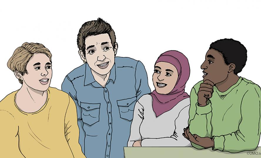 Illustration med fyra personer som samtalar med varandra
