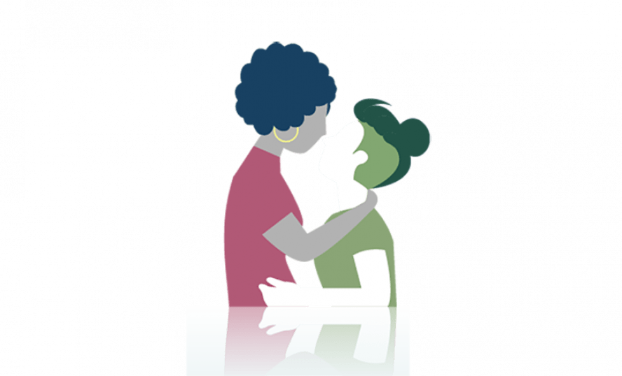 Illustration med två personer som står mittemot varandra, håller om och tittar på varandra