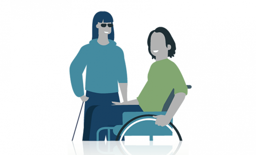 Illustration med två personer varav en rullstolsburen och en med blindkäpp