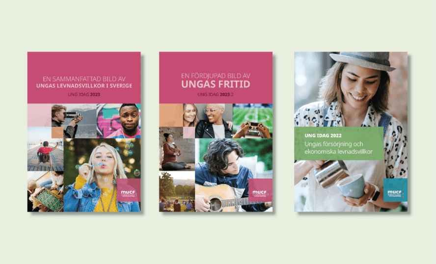 Bilden visar framsidan på de tre senaste UNG IDAG-rapporterna