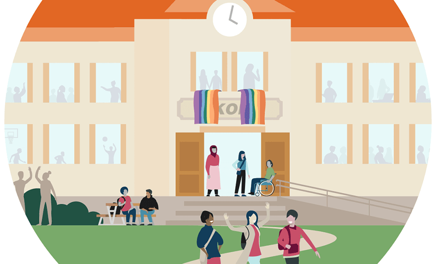 Illustration; skolbyggnad med balkong där det hänger Prideflaggor. Elever rör sig vid entrén och framför skolan.