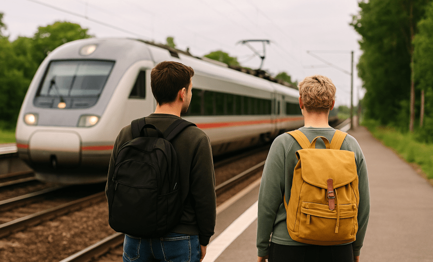 AI genererad bild på två unga som står på en tågstation och har ryggen mot dig, De kollar på tåget med varsin ryggsäck på ryggen. Tågstationen är liten med gröna träd på varje sida av spåret.