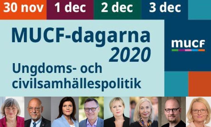 På digitala "MUCF-dagarna 2020" deltar bland andra, fr v Lena Nyberg, generaldirektör MUCF, Hans Dahlgren, EU-minister, Eva Nordmark, arbetsmarknadsminister, Peter Fredriksson, generaldirektör Skolverket, Lena Ag, generaldirektör Jämställdhetsmyndigheten, Helén Ängmo, generaldirektör Skolinspektionen, Carl Heath, utbildningsdirektör i RISE, och Heléne Fritzon, EU-parlamentariker Foto: Felix Oppenheim, Kristian Pohl/Regeringskansliet, Jämy, Skolverket, Skolinspektionen och EU-parlamentet.