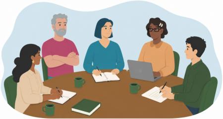 Illustration för webbutbildning om demokratisk uppbyggnad, personer kring ett arbetsbord.
