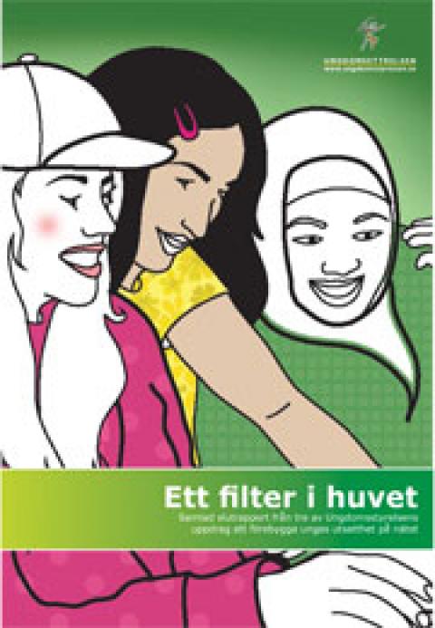 Illsutration till bokomslag Ett filter i huvet. Tre ungdomar tittar in i en skärm.