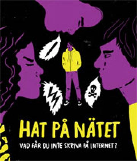 Illustration till bokomslag Hat på Nätet. Bilden föreställer unga i profil med pratbubblor: Döskalle. Åska. Kniv  