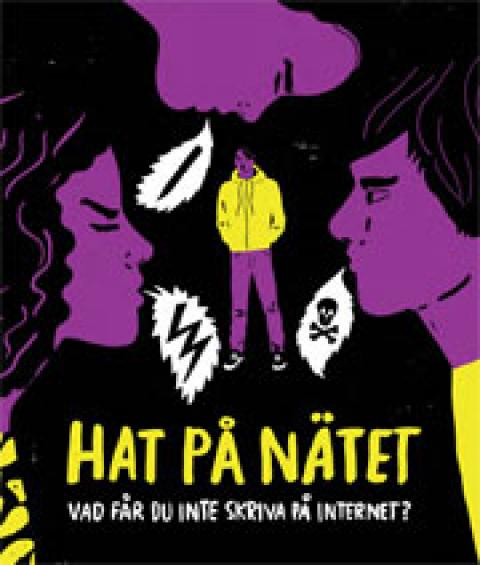 Illustration till bokomslag Hat på Nätet. Bilden föreställer unga i profil med pratbubblor: Döskalle. Åska. Kniv