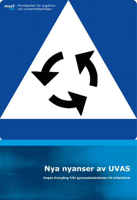 Omslag till rapporten Nya nyanser av UVAS. Illustration av trafikskylt med grafisk symbol för återvinning.