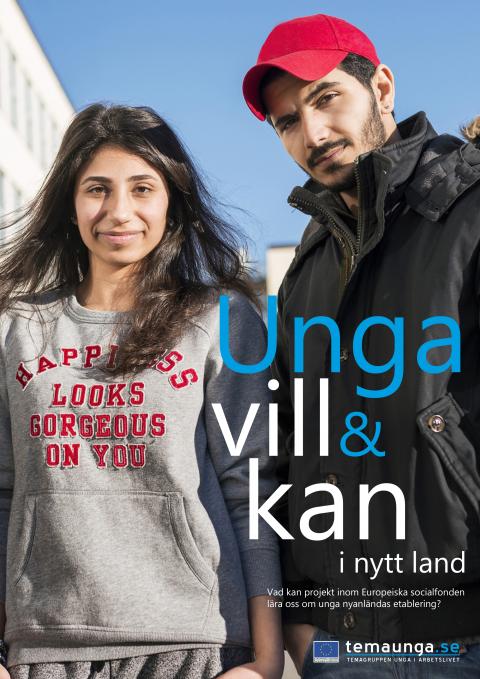 Framsida på Unga vill och kan i nytt land. Bild: två personer ler in i kameran.