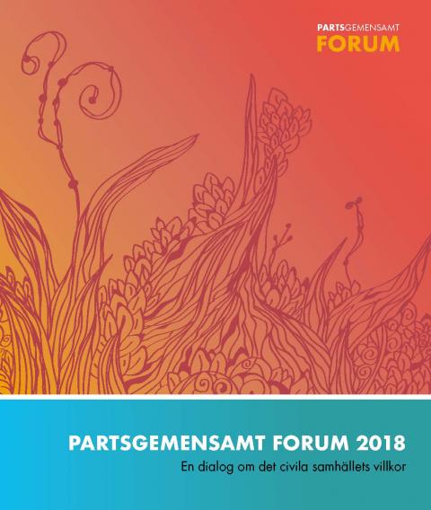 Framsida Partsgemensamt forum 2018. Bild: rött mönster på röd-gul-tonad bakgrund
