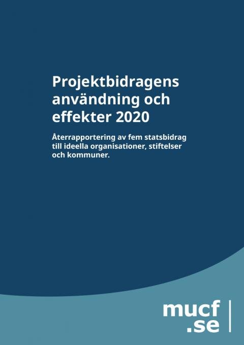 Rapportframsida Projektbidragens användning och effekter 2020. Titeln är på blå bakgrund