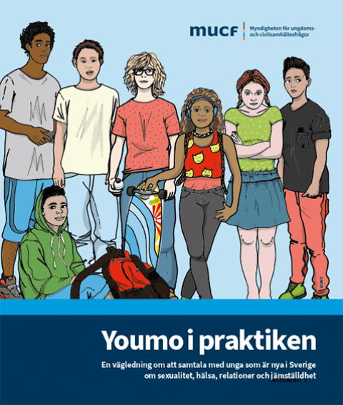 Framsidan på Youmo i praktiken, illustration av en brokig skara ungdomar