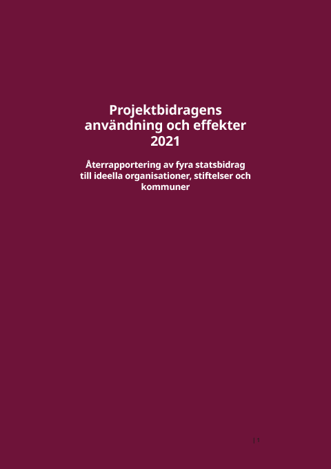 Framsida på rapporten Projektbidragens användning och effekter 2021 – återrapportering av fyra statsbidrag till ideella organisationer, stiftelser och kommuner.