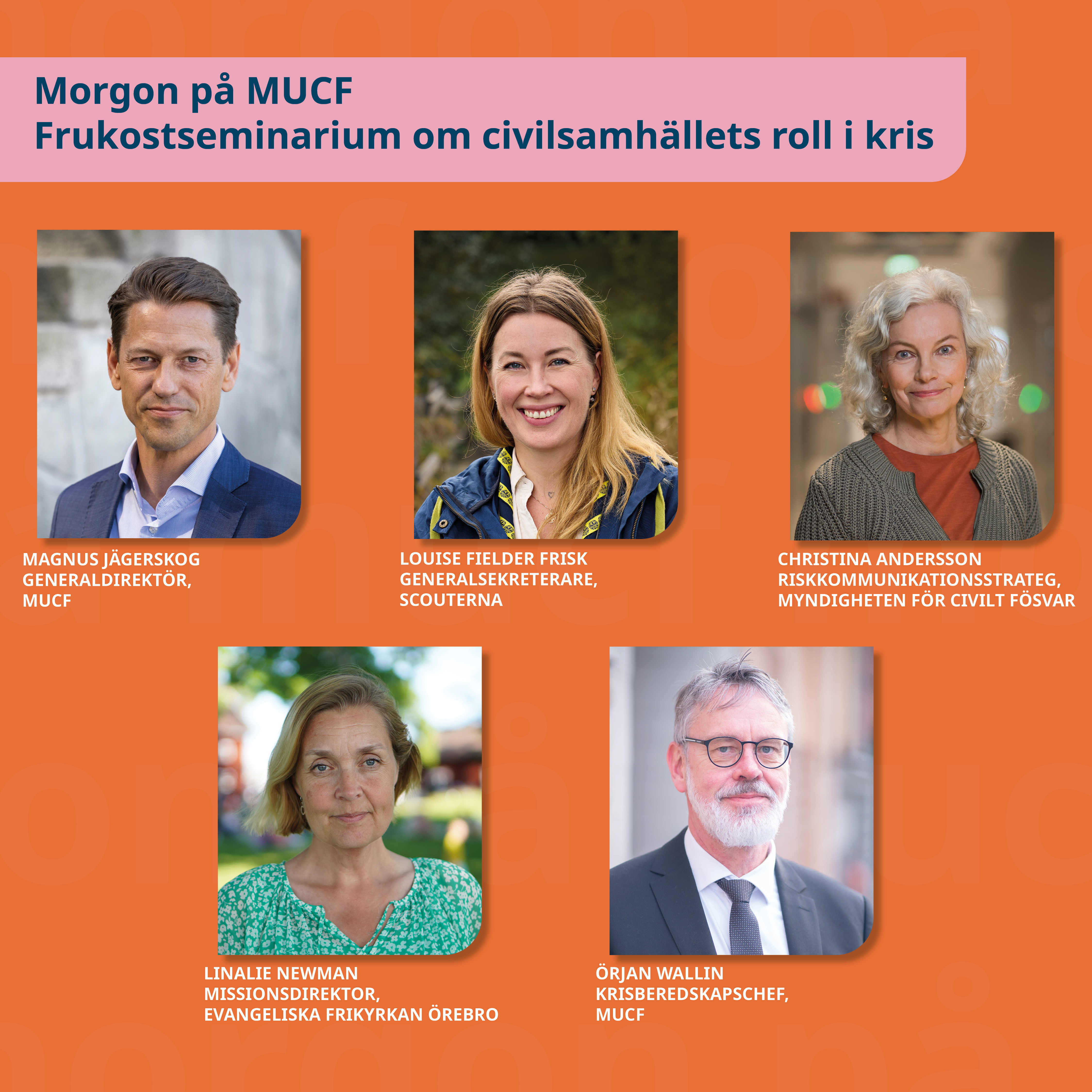 Bild på alla deltagare med en orange bakgrund.