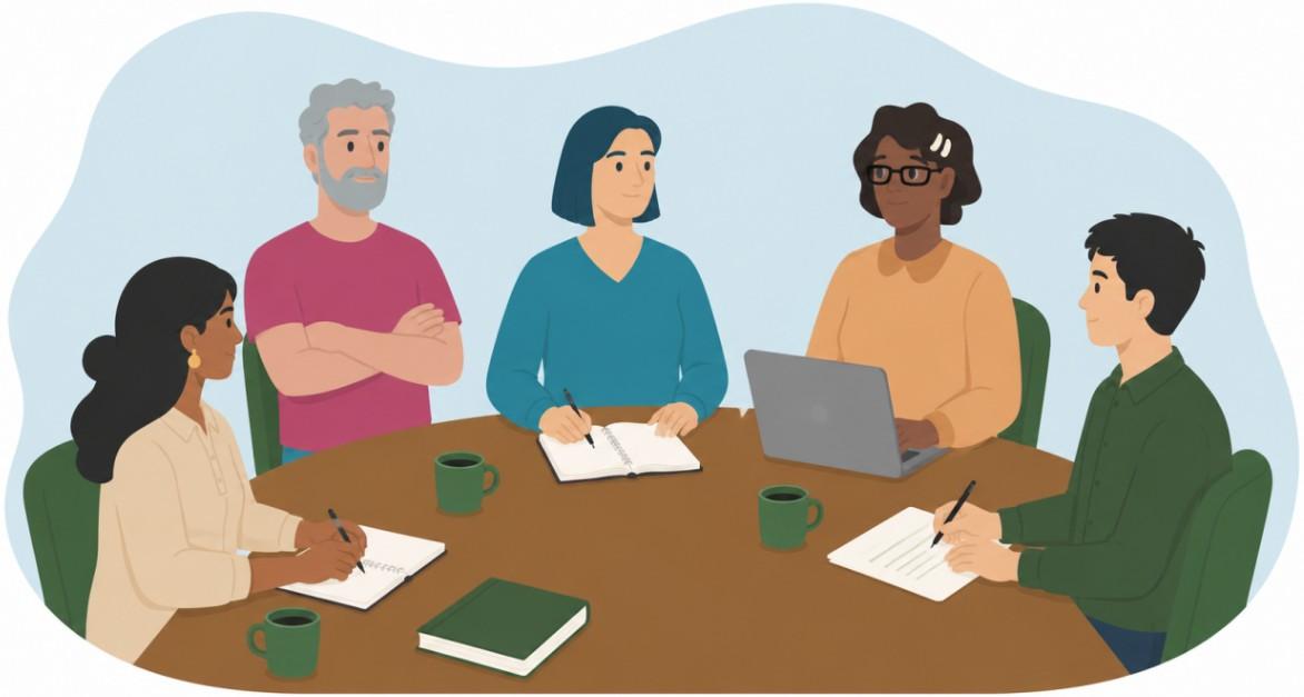Illustration för webbutbildning om demokratisk uppbyggnad, personer kring ett arbetsbord.
