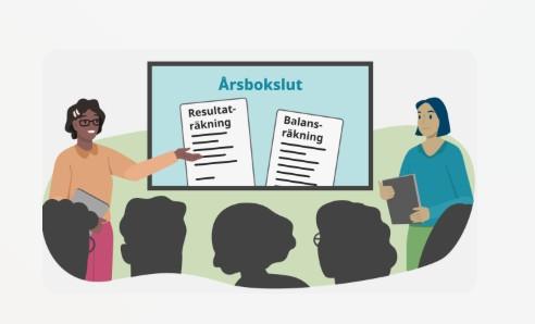 Illustration med någon som presenterar årsbeslut på en skärm inför publik