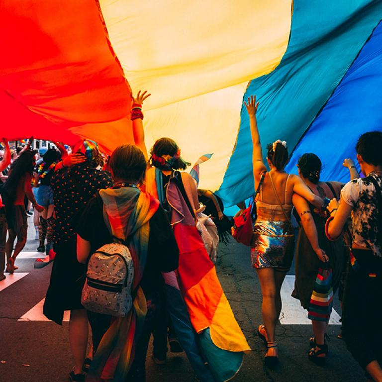 Bild där människor står under regnbågsflaggan. Fotograf: Mercedes Mehling