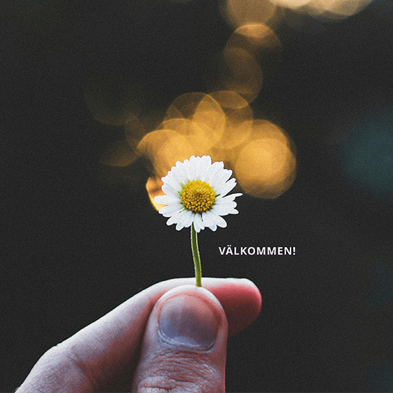 Blomma och text "Välkommen"