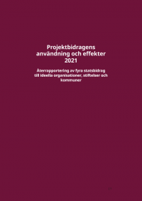 Framsida på rapporten Projektbidragens användning och effekter 2021 – återrapportering av fyra statsbidrag till ideella organisationer, stiftelser och kommuner.