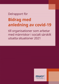 Framsida av rapport utan bild med texten: Delrapport för Bidrag med anledning av covid-19 till organisationer som arbetar med människor i socialt särskilt utsatta situationer 2021