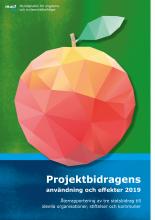 Framsida på Projektbidragens användning och effekter 2019. Bild: ett stiliserat rött äpple på grön bakgrund