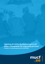 rapportframsida på Uppdrag att stärka förutsättningarna att skapa mötesplatser för unga hbtq-personer, text på blå bakgrund