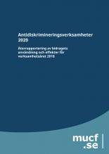 Framsida på Antidiskrimineringsverksamheter 2020. Titeln är mot blå bakgrund.