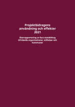 Framsida på rapporten Projektbidragens användning och effekter 2021 – återrapportering av fyra statsbidrag till ideella organisationer, stiftelser och kommuner.